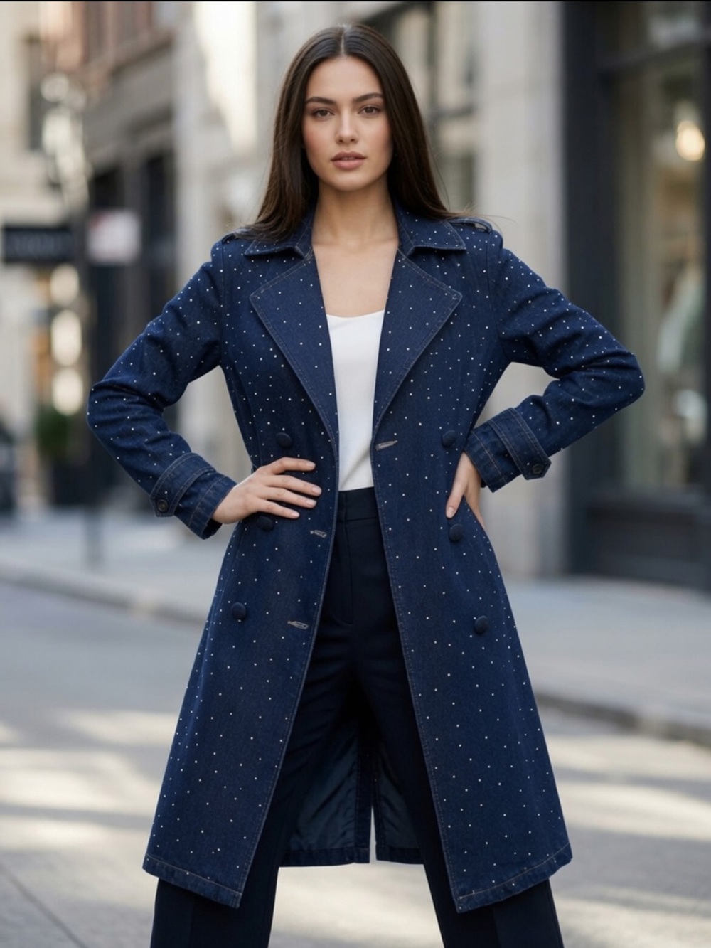 Denim Rhinestones Double Breasted Trench Coat Stoosh 26 International